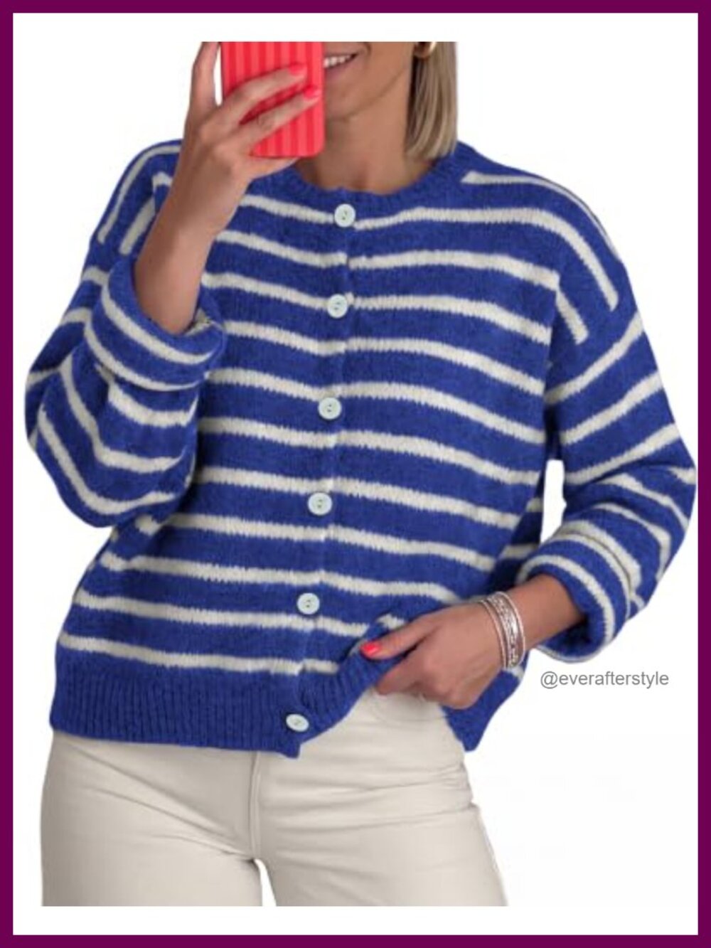 Womens Chunky Knit Striped Button Front Cardigan Sweater Casual Crewneck